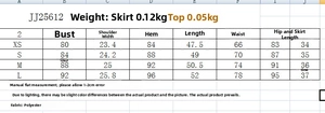 Detailed size chart for summer top and skirt set showing XS to L measurements in centimeters