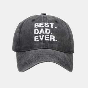Detailed view of Best Dad Ever text on washed grey cotton baseball cap with worn texture