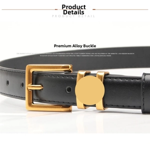 Detail shot of black leather belt featuring a matte gold alloy buckle and single pin closure