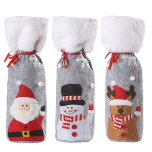 Christmas wine bottle covers set featuring Santa, Snowman and Reindeer in grey felt