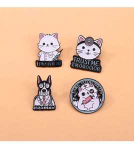 Set of four cute cartoon cat and dog enamel pins with medical nurse and doctor themes