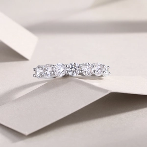 Minimalist S925 sterling silver band ring with seven round Moissanite stones in prong setting