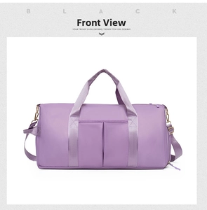 Front view of purple multifunctional gym bag with dual side pockets and sturdy shoulder strap