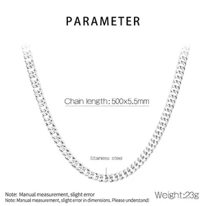Detailed view of silver stainless steel curb chain with 500x5.5mm size parameters