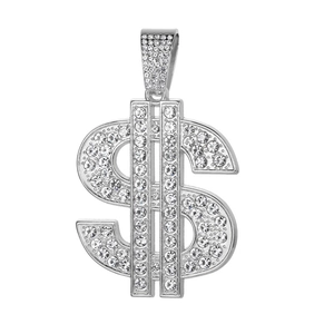 Iced out silver dollar sign pendant with sparkling rhinestones on cuban link chain