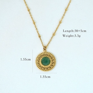 Detail view of 14K gold plated necklace with green natural stone and size specifications