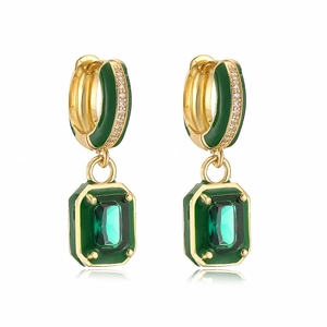 Elegant gold drop earrings with green emerald-cut crystals and sparkly accents