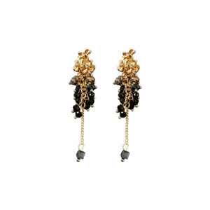 Exquisite gold floral drop earrings with black crystal tassels and square charcoal beads