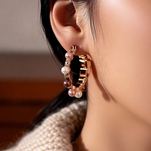 Detail shot of a model wearing retro gold pearl hoop earrings with zircon accents