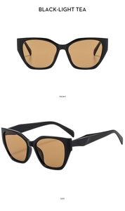 Front and side views of stylish black cat-eye sunglasses with light tea lenses