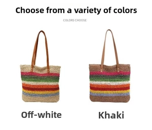 Detail of colorful rainbow straw tote bags featuring hand-woven texture and leather handles