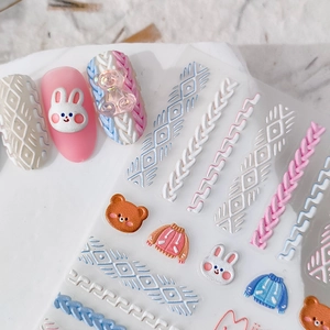 3D embossed nail art stickers with cute cartoon bears and textured knit patterns