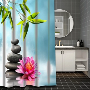 Bamboo and zen stone shower curtain set with lotus flower on waterproof fabric