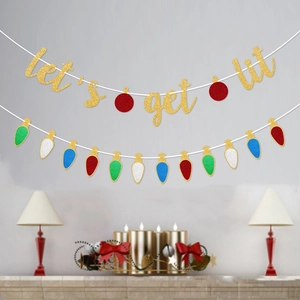 Glittery 'let's get lit' gold banner with colorful Christmas bulb garland for party decor