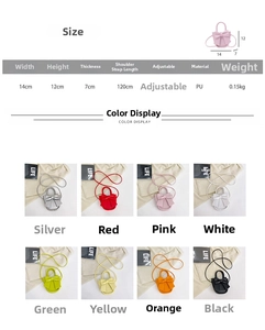 Size specifications and multi-color options for bow crossbody bag with dimensions and PU material