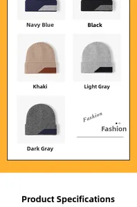 Grille détaillée de bonnets en maille côtelée bleu marine, noir, kaki et gris rayés