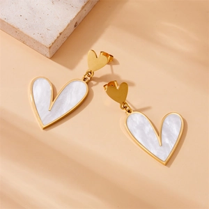 Retro gold plated stainless steel heart drop earrings with white shell inlay for women