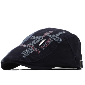 Béret rétro en coton bleu marine avec lettres brodées et boucle en métal réglable