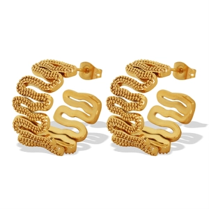 Elegant gold C-shaped hoop earrings with wavy snake texture and beaded metallic finish