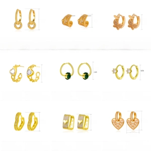 Detailed catalog of gold flower heart earrings featuring cubic zirconia and copper plating