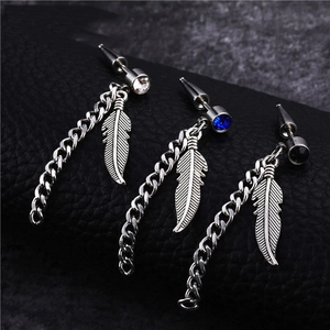 Stainless Steel Feather Dangle Earring For Men Punk Gothic Wing Pendant Long Chain Rhinestone Jewelry Unisex