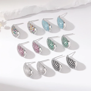 Elegant silver-tone teardrop stud earrings featuring colorful cubic zirconia gemstones