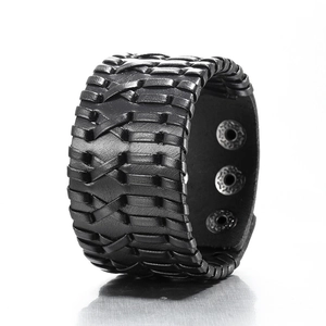Men's punk black woven leather bracelet with stylish snap fastener on a white background