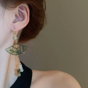Elegant Chinese style fan shaped earrings with green bamboo leaves and golden hooks