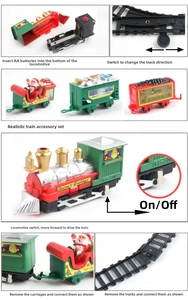 Detailed view of the Christmas train set components including engine, cars and plastic tracks