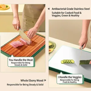 Double-sided ebony wood and stainless steel cutting board with non-slip edges