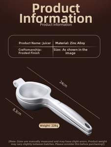 Detail view of manual zinc alloy lemon juicer with matte finish and 24cm total length