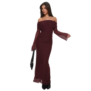 Detail of burgundy off-shoulder slim fit maxi dress with sheer mesh long sleeves