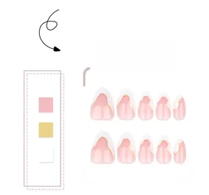 Detail of short almond press-on nails with white French tips and golden wavy line accents