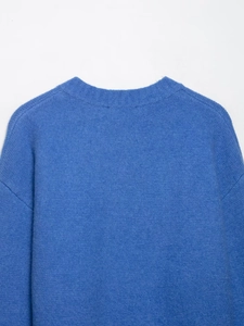 Macro detail of high-quality blue knit cardigan neckline showing fine texture and round collar