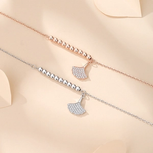 Sparkling S925 silver and rose gold ginkgo leaf bracelets with micro-pave crystals