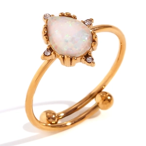 Adjustable 18K gold plated stainless steel ring with teardrop opal and diamonds