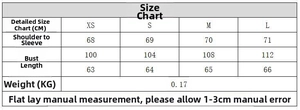 Guide des tailles pour chemise à volants indiquant les mesures de poitrine en centimètres
