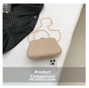 Borsa da sera champagne con paillettes, manico in metallo e catena, confronto dimensioni