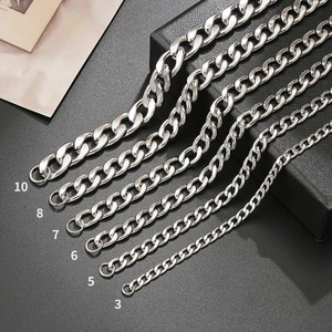 Silver stainless steel Cuban link chains in multiple widths ranging from 3mm to 10mm