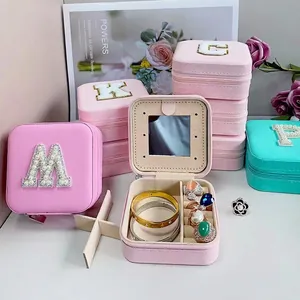 Portable Jewelry Box PU Leather Alphabet Embroidery Travel Storage Case With Mirror For Rings Earrings Necklaces