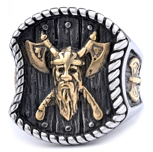 Vintage Viking warrior ring in two-tone gold and silver stainless steel with dual axes