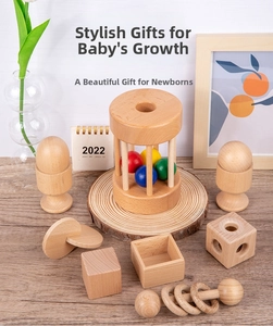 Montessori wooden rattle set for babies featuring natural wood texture and smooth finish
