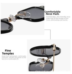 Detailed close-up of non-slip nose pads and sturdy hinges on black square sunglasses