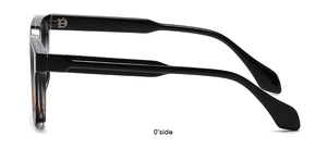 Side view detail of square matte sunglasses showing thick black and transparent frame