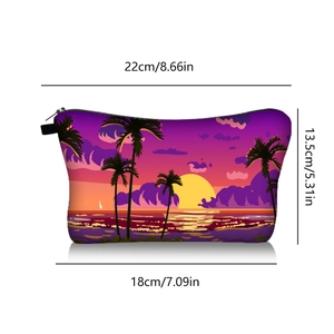 Detaillierte Maße der Kosmetiktasche mit tropischem Sonnenuntergang und Palmenprint