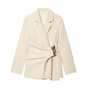 Detail of off-white blazer featuring a metallic gold buckle and pleated waist design