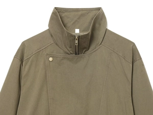 Close-up of olive green twill jacket featuring high stand collar with metal zipper and snaps