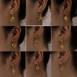 Stainless Steel Huggie Hoop Earrings 18K Gold Plated Shell Starfish Moon Leaf Heart Animal Fruit Charms Fashion Jewelry