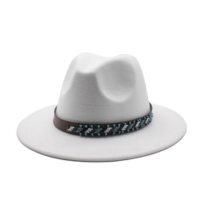 Classic white wool felt fedora with a wide brim and ethnic beaded leather band