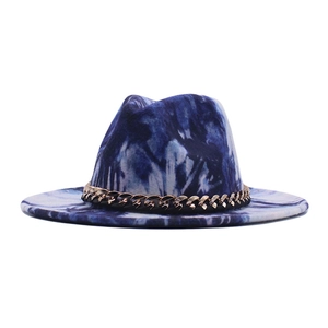 Blue and white tie-dye wide brim wool fedora hat with a stylish gold chain trim